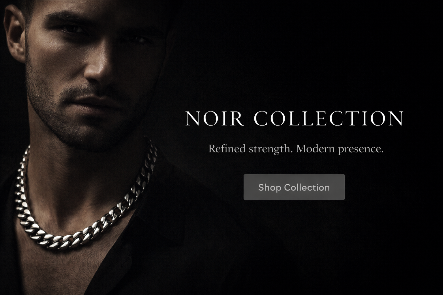 Noir Collection banner featuring bold stainless steel Cuban link chain necklace in a dark luxury aesthetic