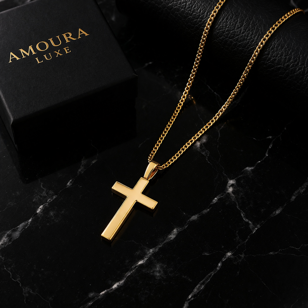 Gold Cross Pendant Necklace – Stainless Steel (24” Chain)