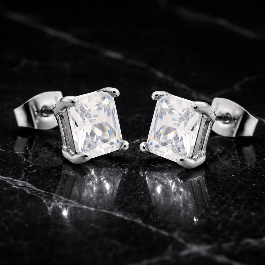 7mm Square Zirconia Stud Earrings – Stainless Steel