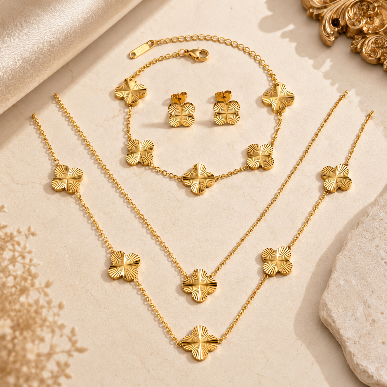 Luxury Clover Jewelry Set | Stainless Steel | Necklace, Bracelet & Earrings | Gift Ready
