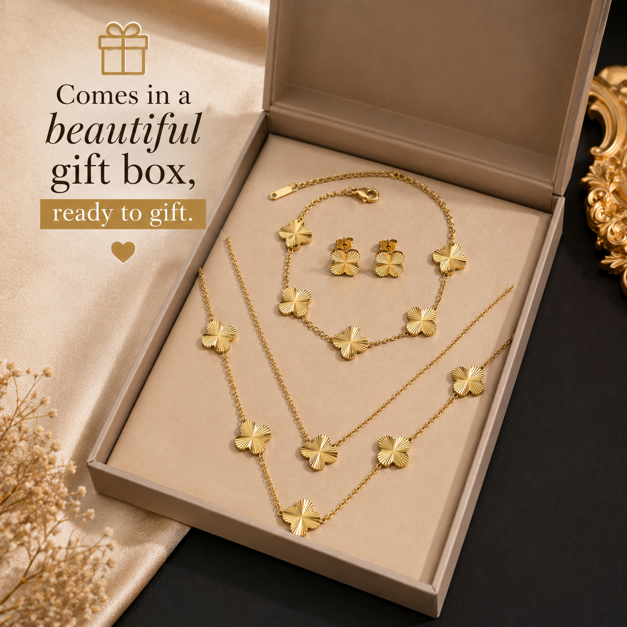 Luxury Clover Jewelry Set | Stainless Steel | Necklace, Bracelet & Earrings | Gift Ready